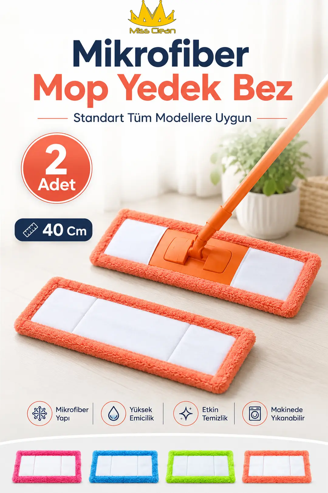 Mikrofiber Mop Yedek Bez - 2 Adet, 40 cm Uyumlu Tüm Modeller