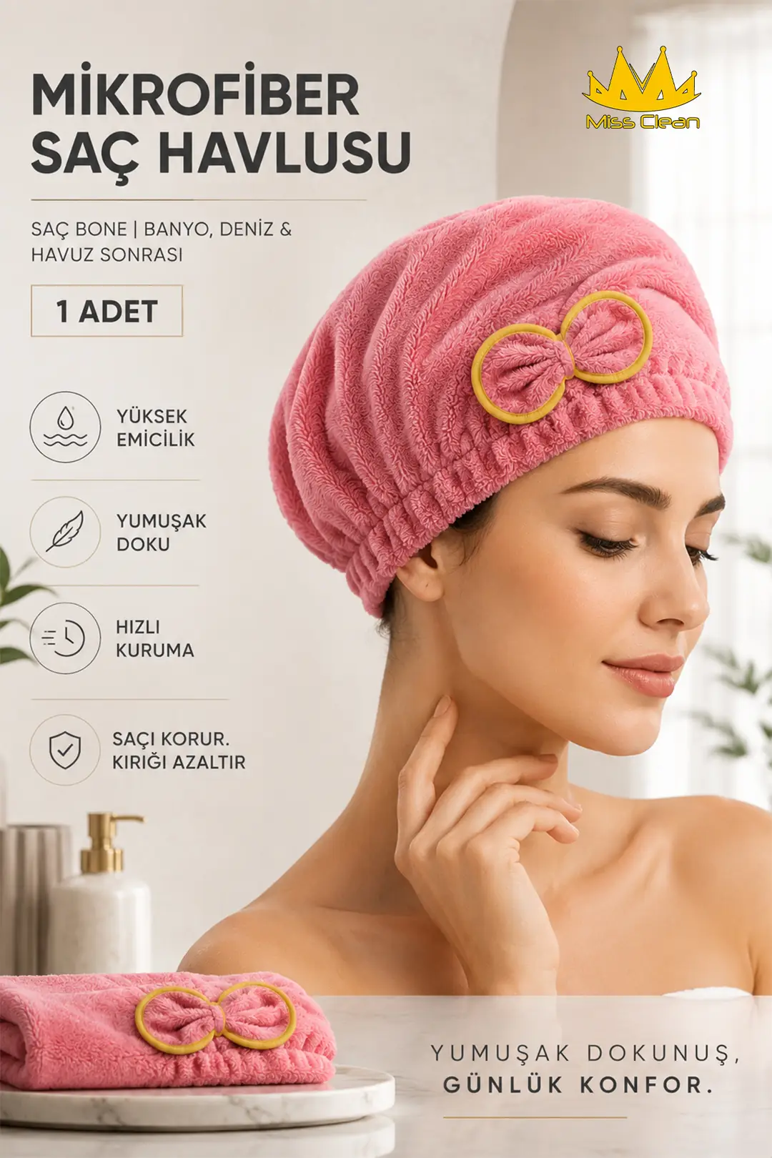Mikrofiber Saç Havlusu & Bonesi - Banyo, Deniz ve Havuz Kullanımı İçin İdeal