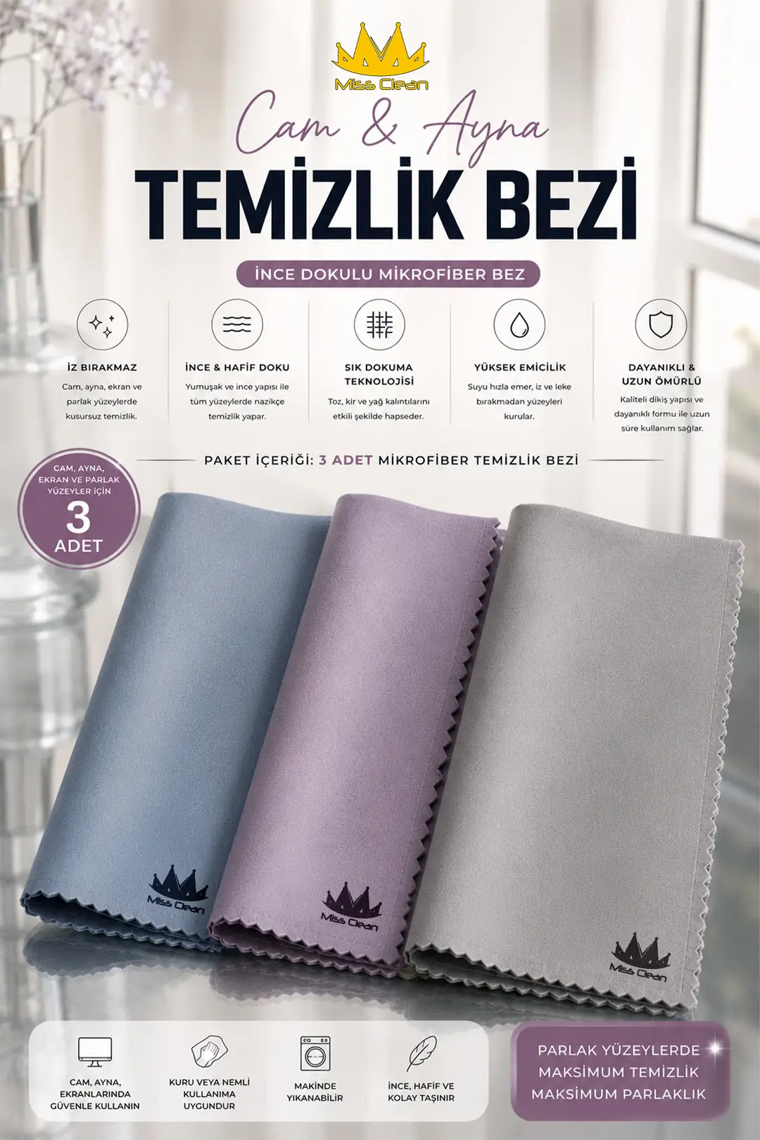 3'lü Mikrofiber Cam ve Ayna Temizlik Bezi (40x50 cm)