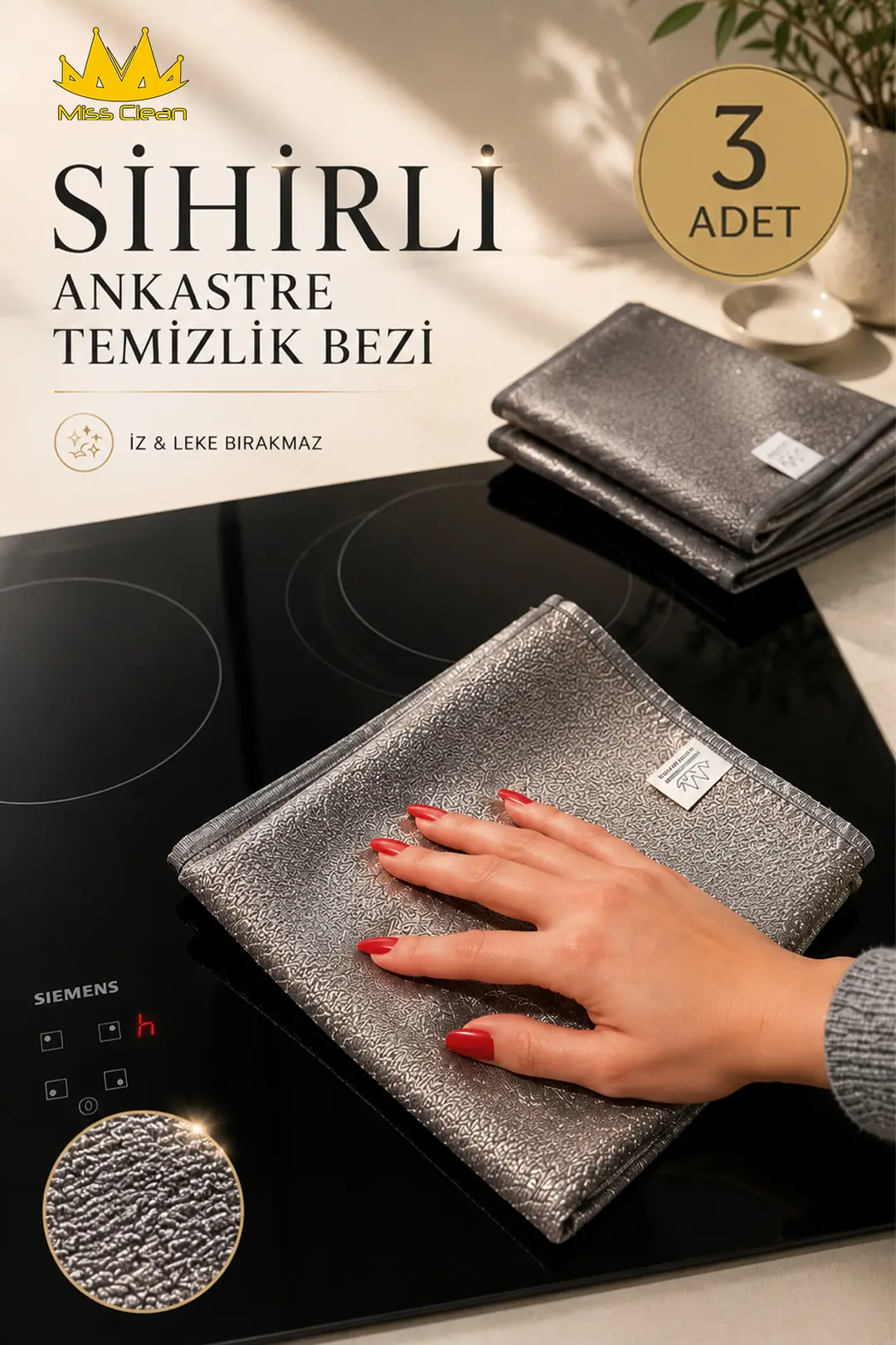 Gri Sihirli Ankastre Ocak Davlumbaz Temizlik Bezi - 3 Adet, 40x40 cm