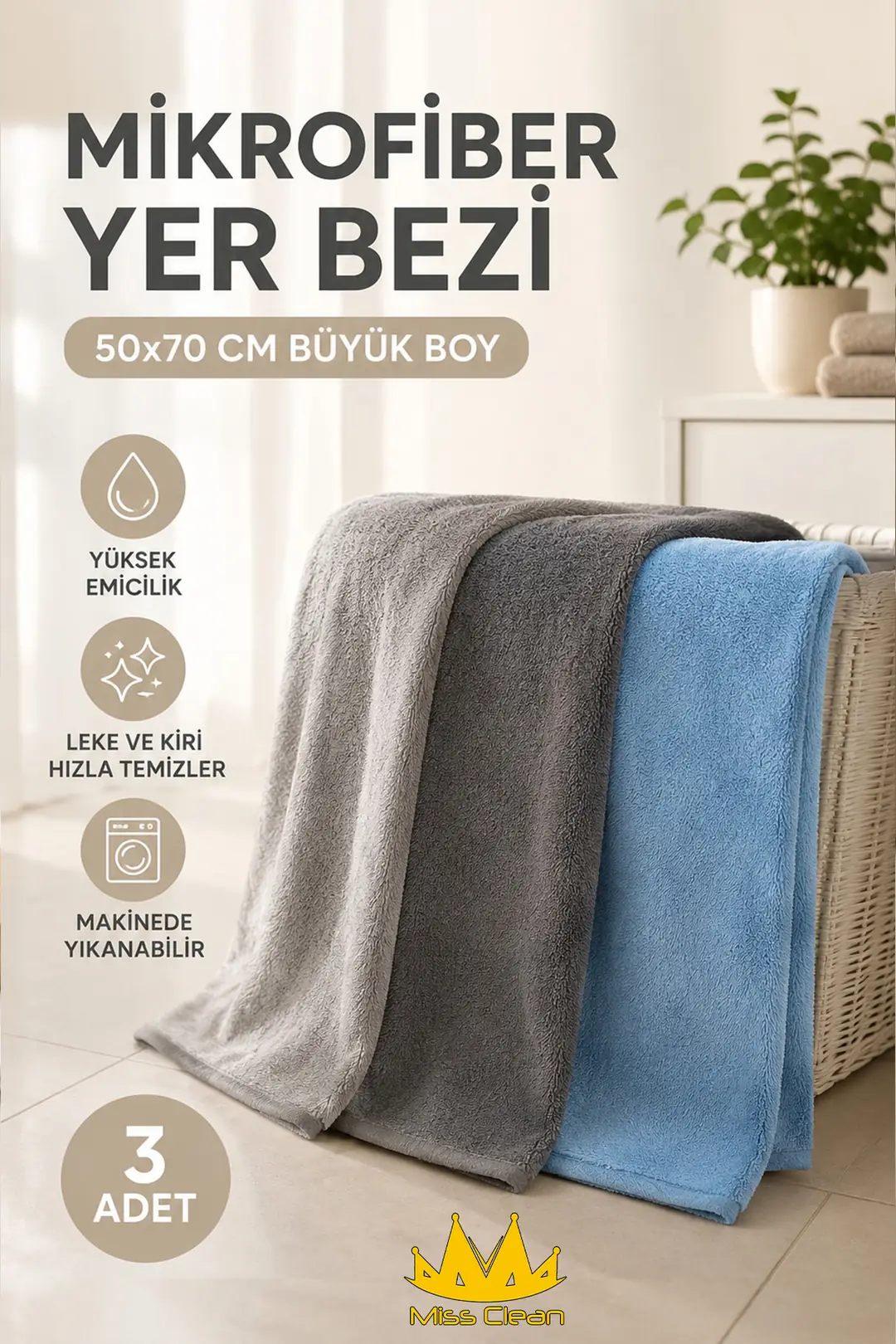 Büyük Boy Mikrofiber Yer Bezi - 3 Adet (50x70 cm)