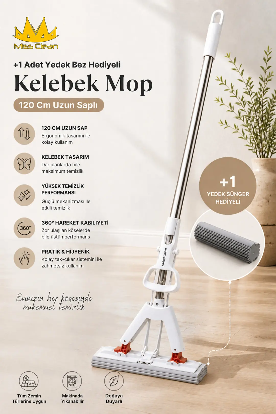 Pratik Uzun Saplı Mıkrofiber Mop - 120 CM (1 Adet Yedek Bez Hediye)
