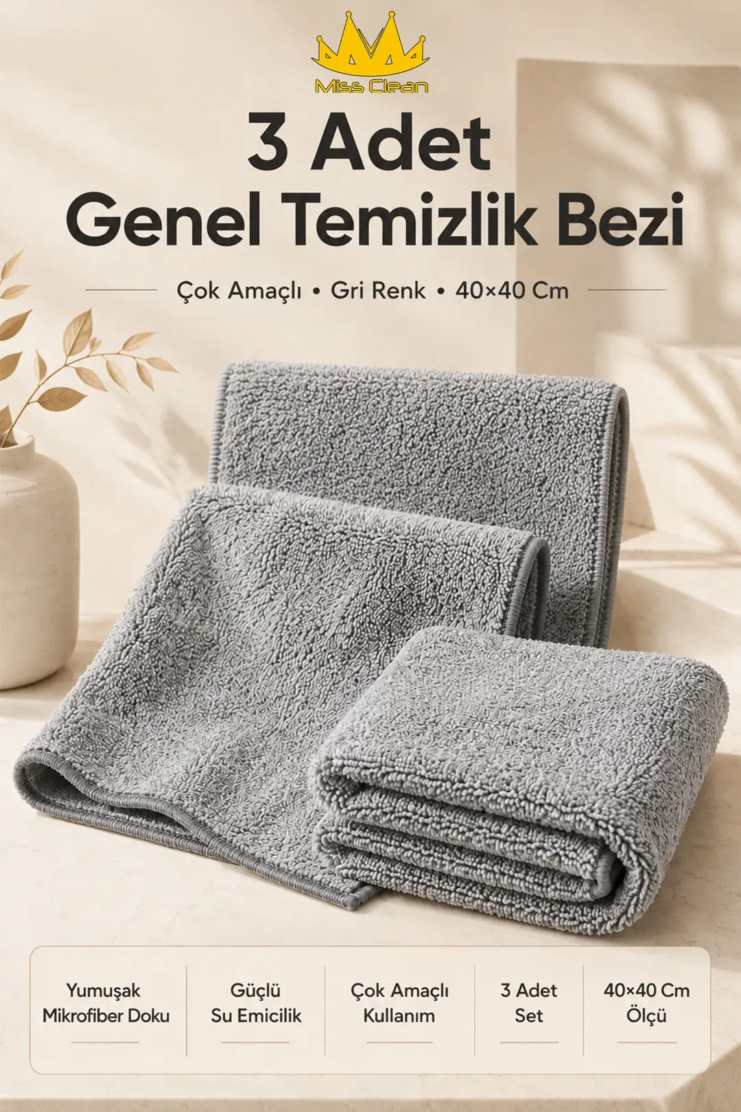 3 Adet Çok Amaçlı Gri Genel Temizlik Bezi - 40x40 cm