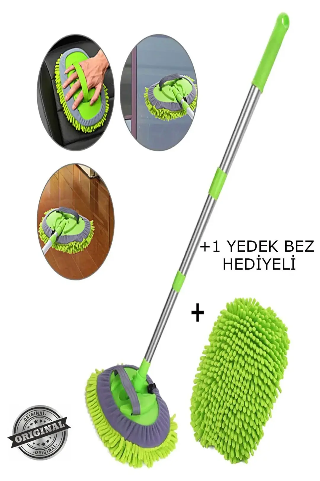 Çok Fonksiyonlu Teleskopik Mikrofiber Araba Yıkama Fırçası - 1 Yedek Bez Hediye!