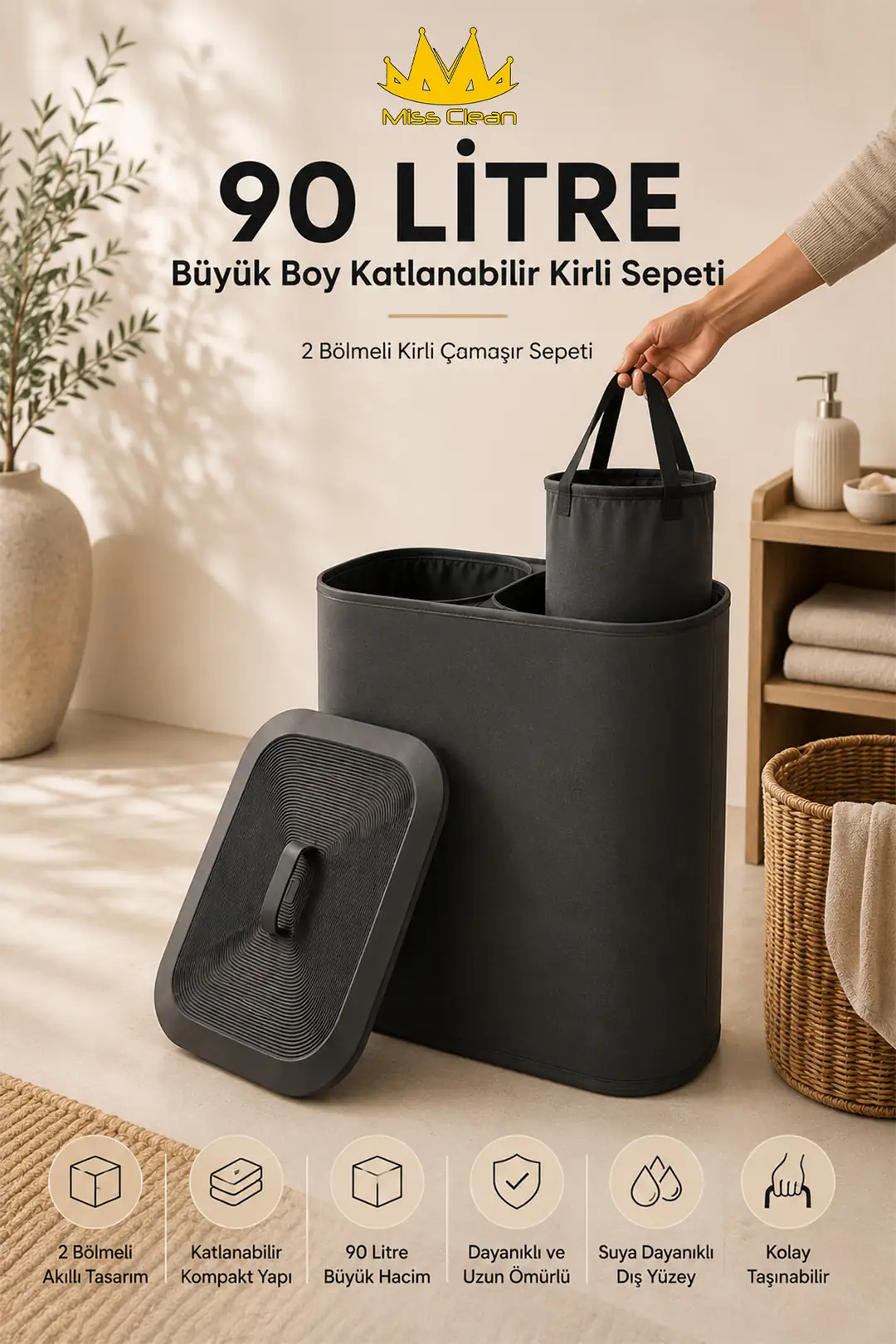 Büyük Boy 90 Litre Katlanabilir İki Bölmeli Kirli Çamaşır Sepeti - Yıkanabilir Tasarım