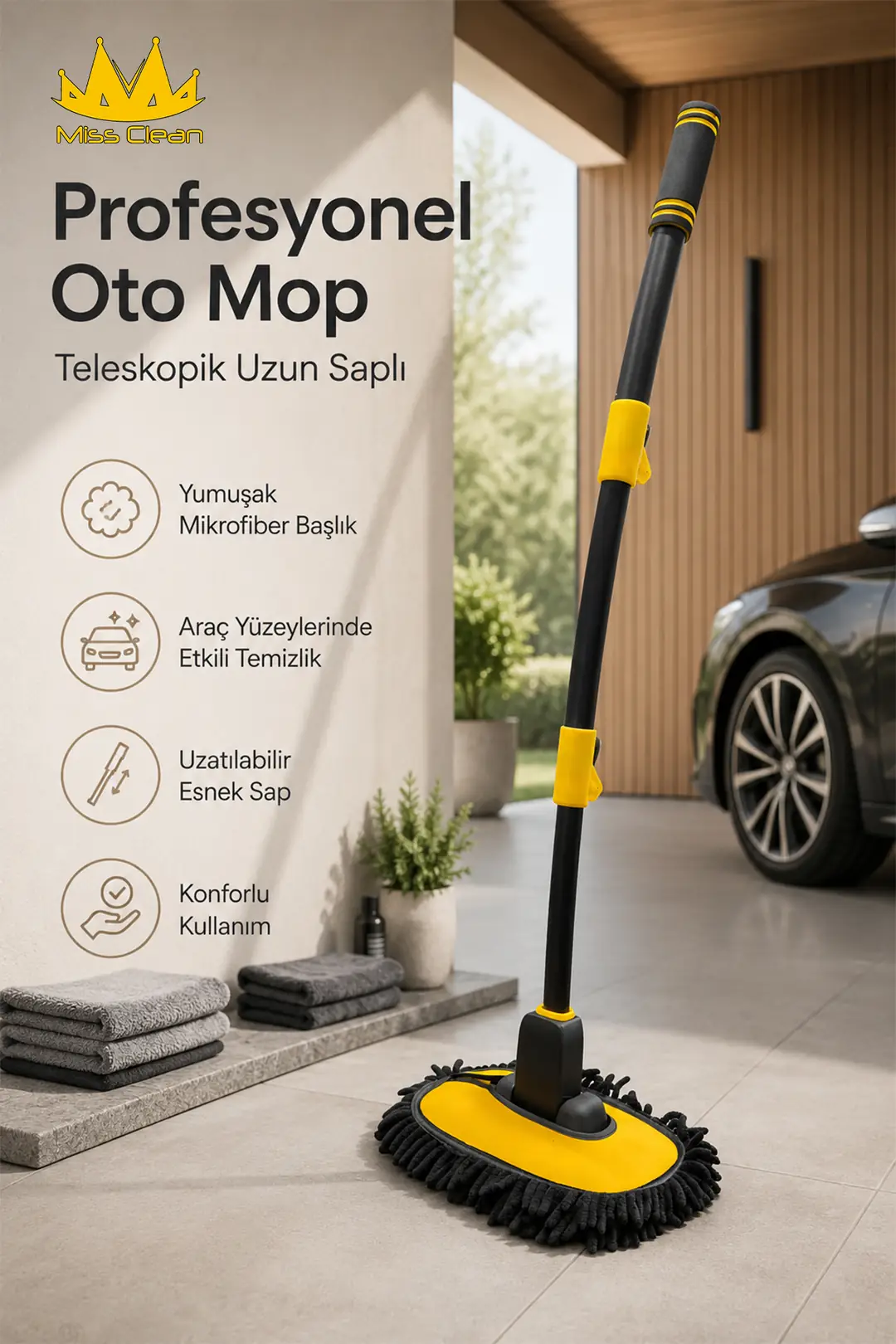 Uzun Saplı Profesyonel Oto Mop - Cam ve Kaporta Temizleyici