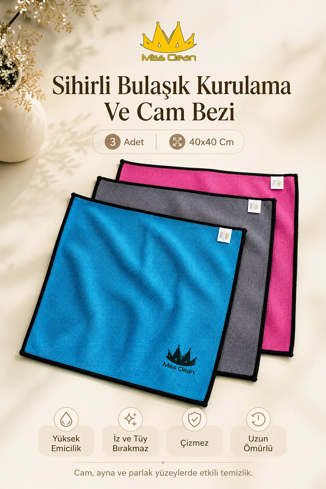 3'lü Sihirli Bulaşık Kurulama ve Cam Temizleme Bezi - 40x40 cm