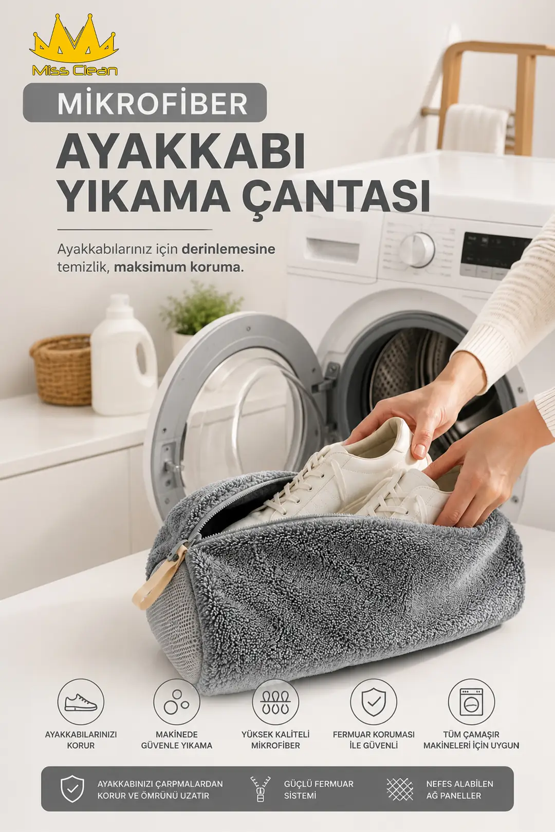 Büyük Boy Fermuarlı Mikrofiber Ayakkabı Yıkama Çantası - Gri, 600 GSM