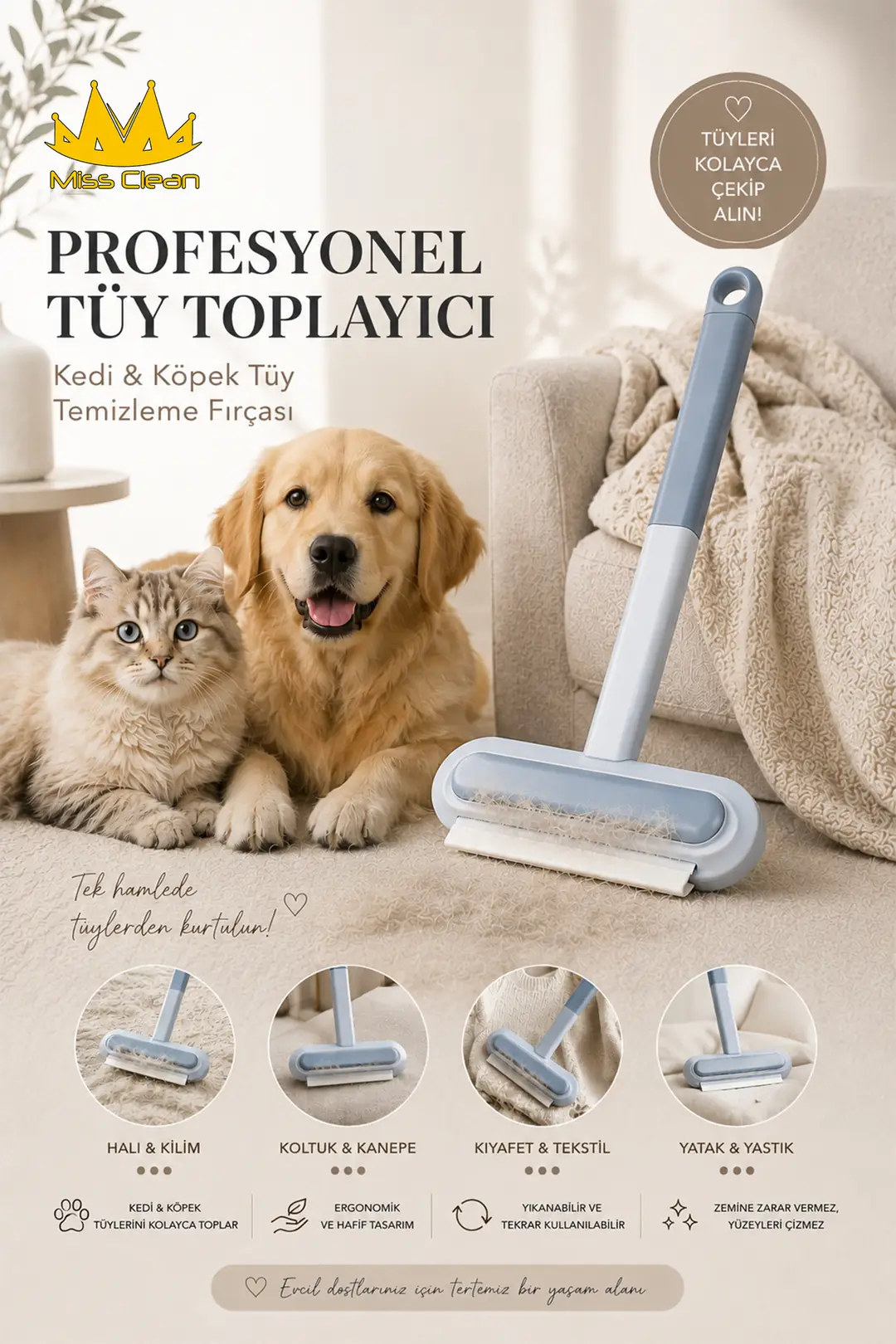 Profesyonel Evcil Hayvan Tüy Temizleme Fırçası - Kedi ve Köpekler İçin