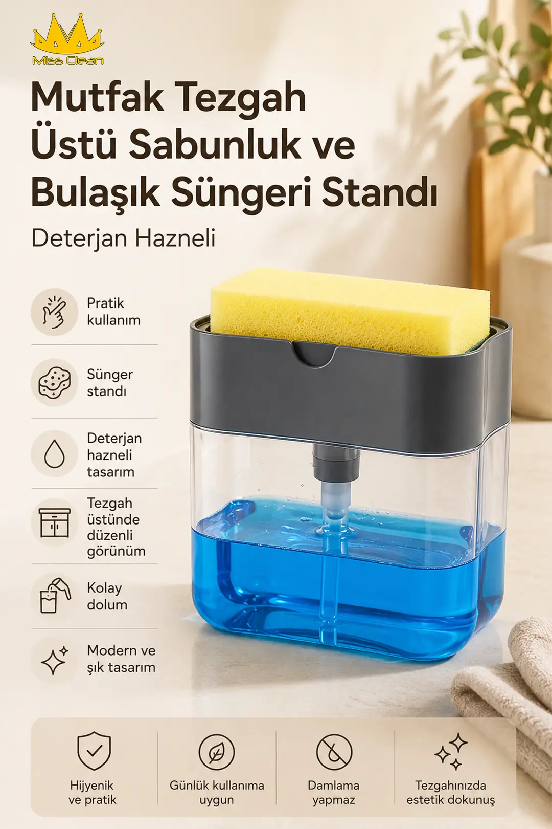 Mutfak Tezgahı Sabunluk ve Bulaşık Süngeri Standı - Deterjan Hazneli