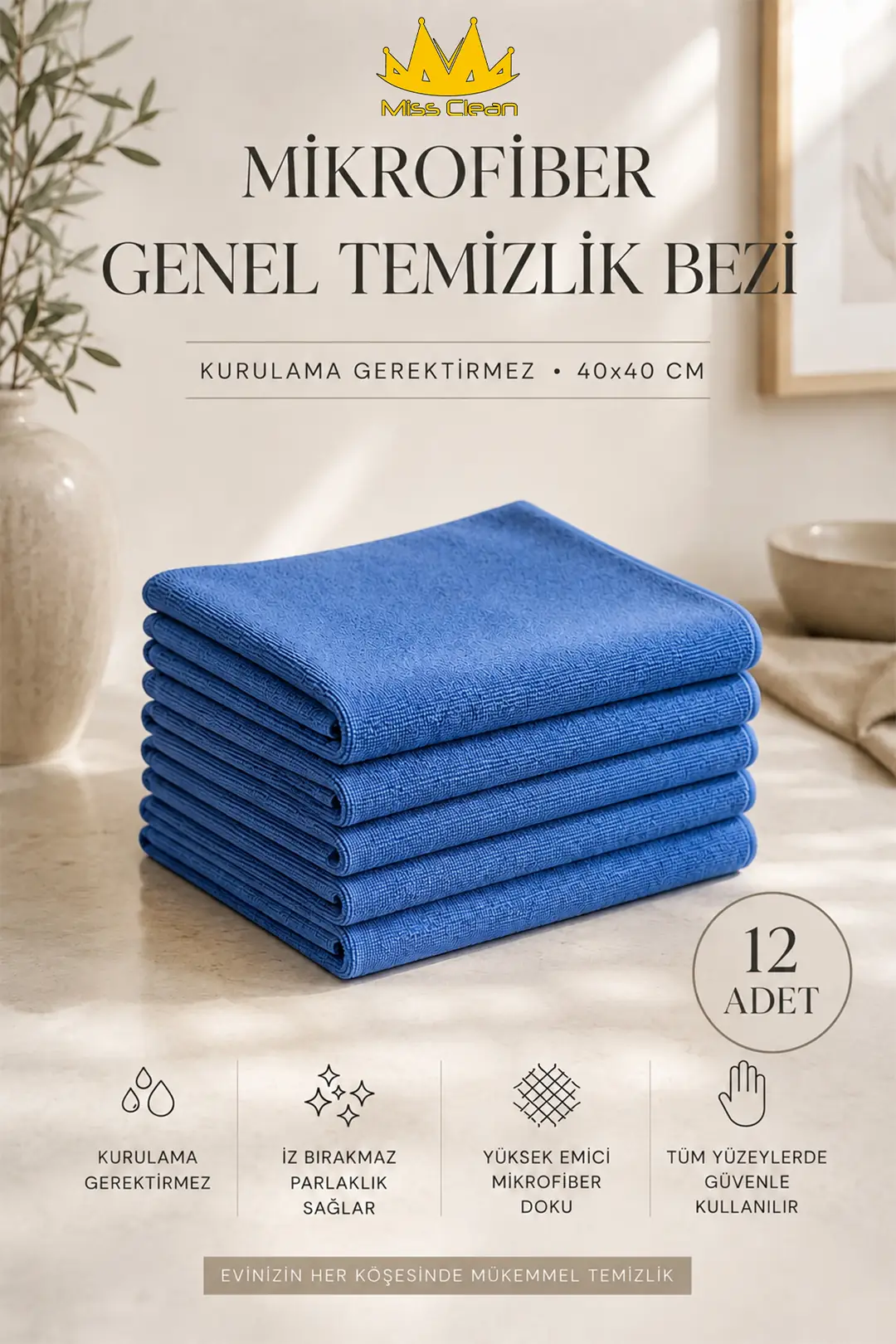 12 Adet Mikrofiber Genel Temizlik Bezi - 40x40 cm, Kurulama Gerektirmez