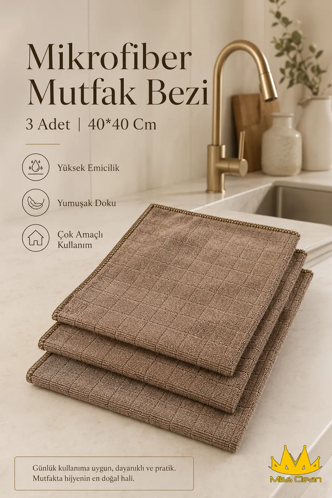 3 Adet Kahverengi Mikrofiber Mutfak Temizlik Bezi - 40x40 cm, Leke Tutmaz ve Koku Yapmaz