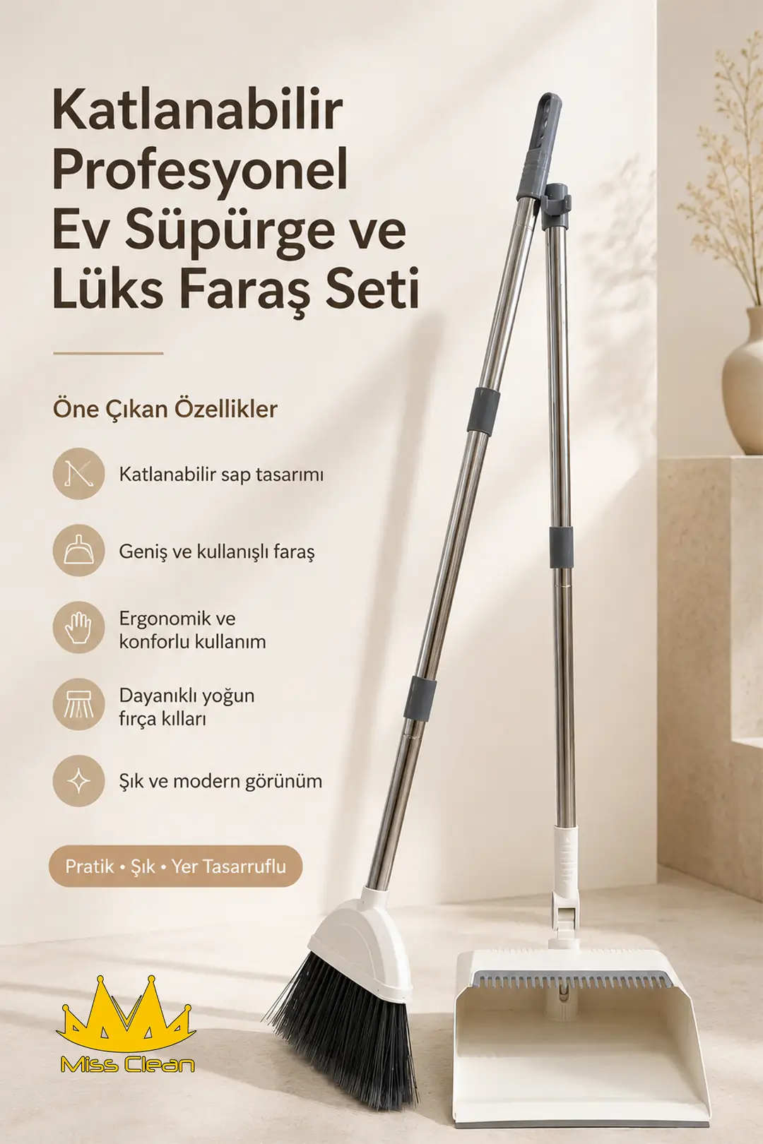 Katlanabilir Profesyonel Beyaz Süpürge ve Lüks Faraş Seti