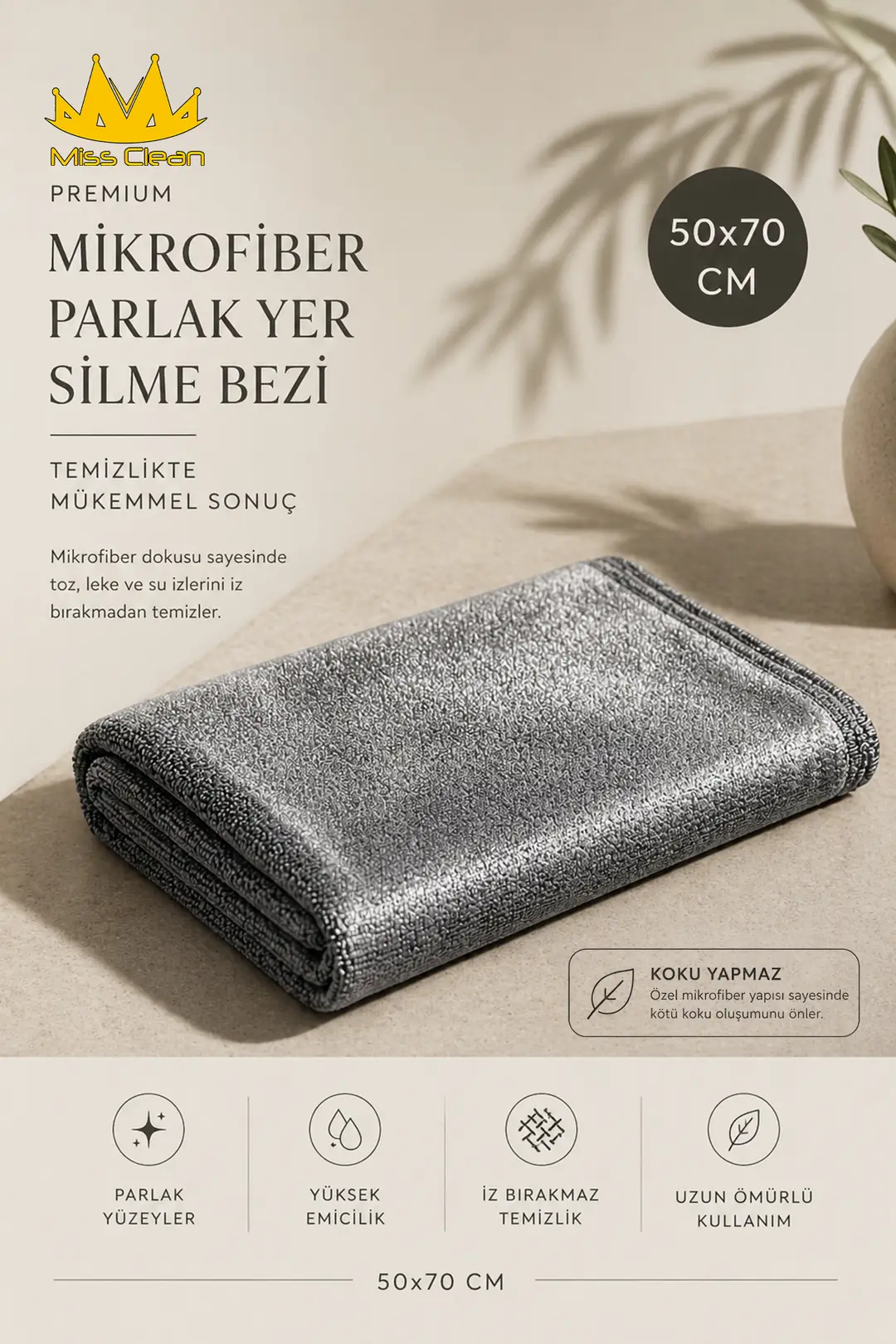 Özel Seri Büyük Boy Mikrofiber Parlak Yer Bezi - Gri, 50x70 cm