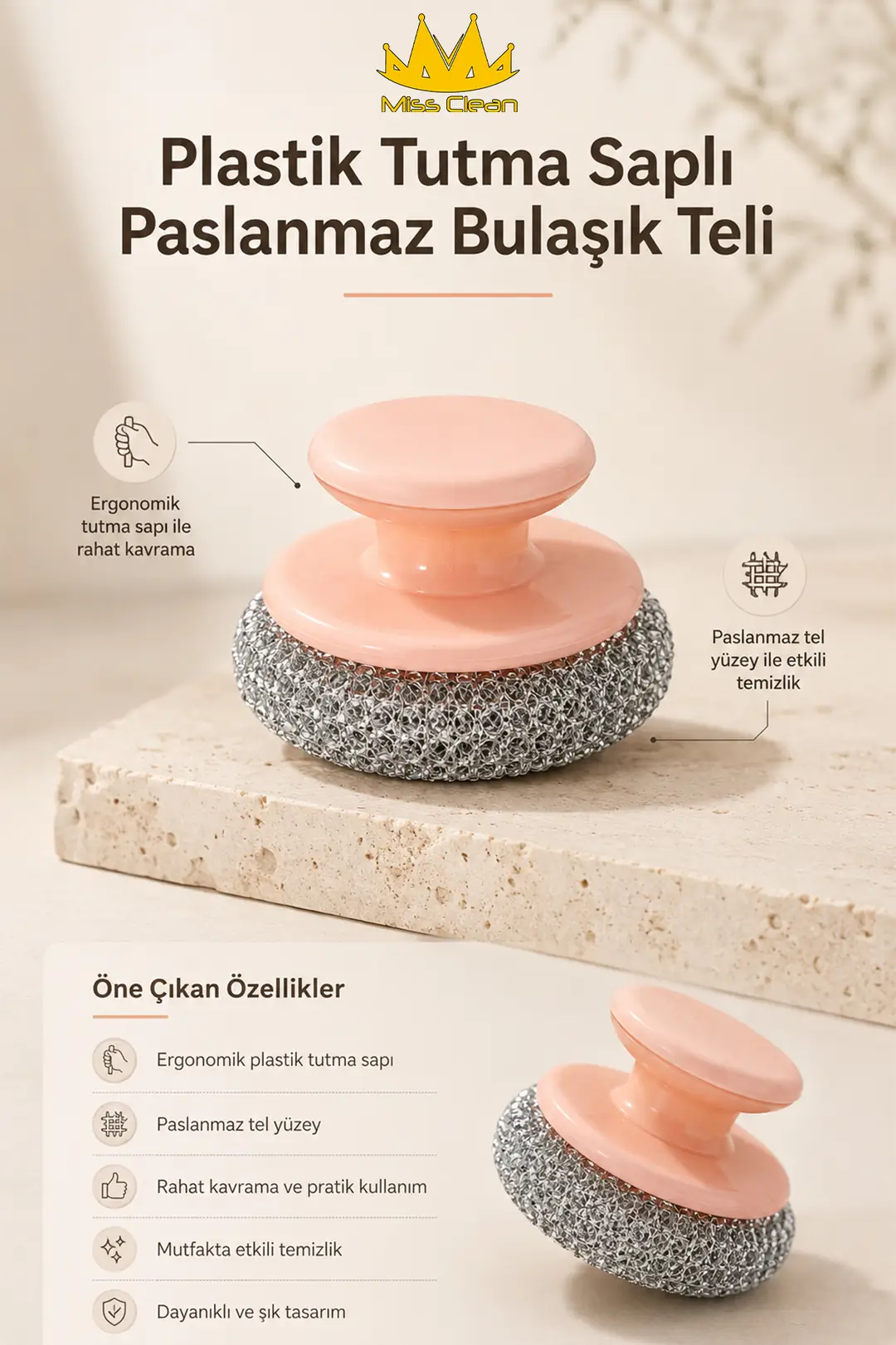 Lüks Paslanmaz Bulaşık Ovma Teli - Plastik Tutma Saplı