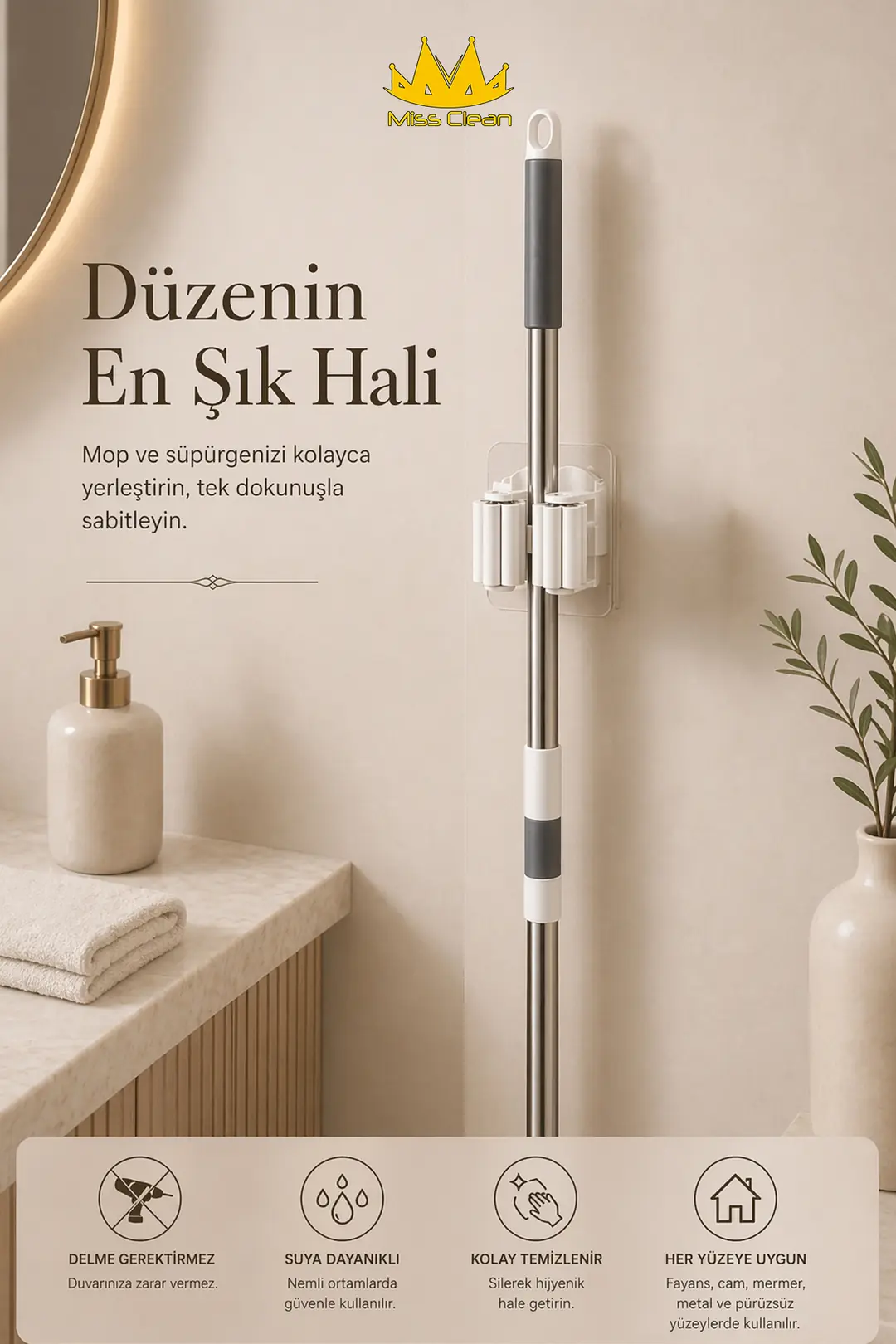 6 Adet Mutfak ve Banyo İçin Tutacak Paspas Süpürge Fırça Mop Askısı - Sap Tutucu