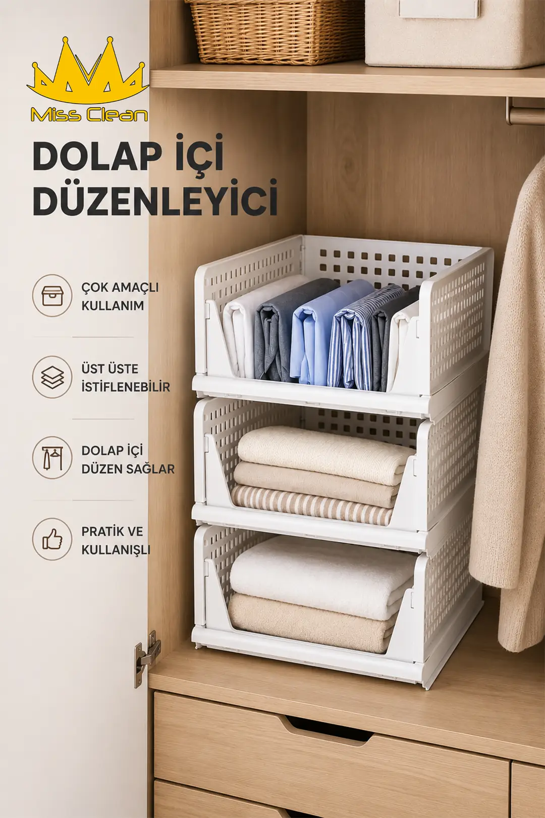 Beyaz Kayar Raf Sistemi - 3'lü Dolap İçi Düzenleyici ve Çok Amaçlı Organizer