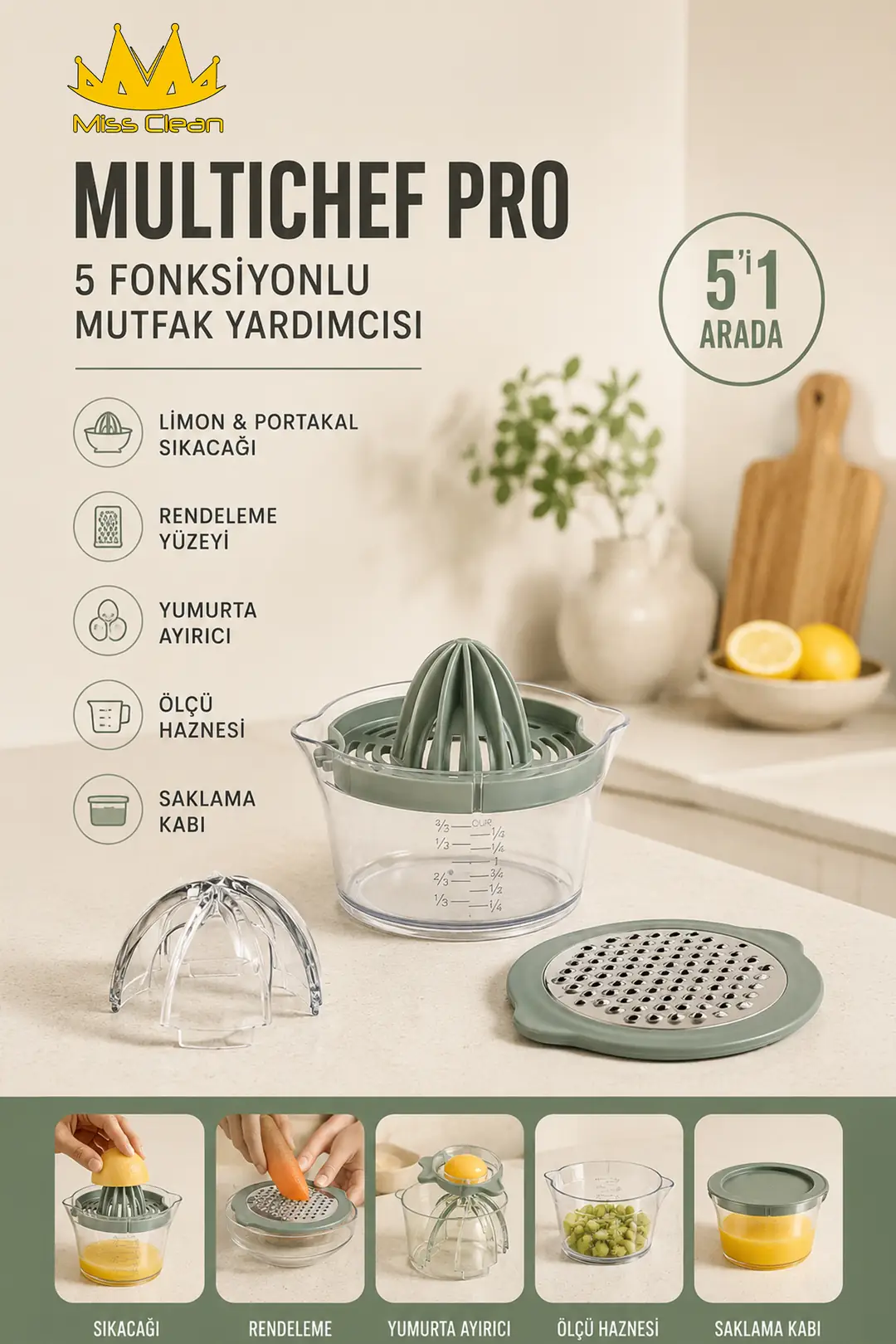 MultiChef Pro 5 Fonksiyonlu Mutfak Yardımcısı - Limon Sıkacağı ve Yumurta Ayırıcı