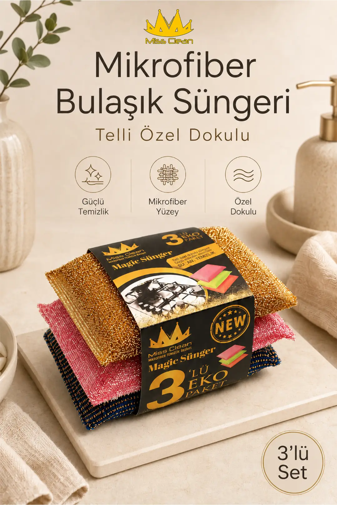 Mikrofiber Bulaşık Süngeri Seti - 3 Adet, Telli Özel Dokulu