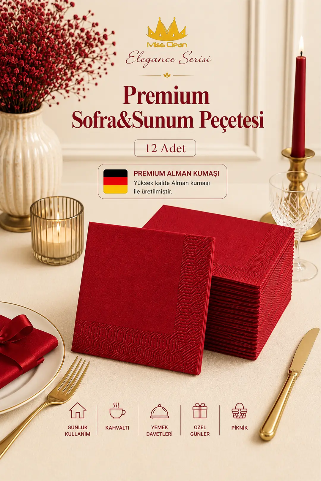Elegance Serisi Kırmızı Premium Sofra ve Sunum Peçetesi - 12'li Paket, 40x40 cm