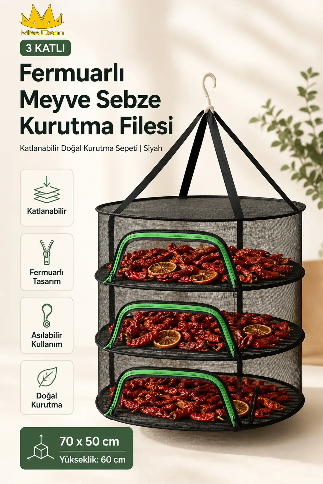 3 Katlı Fermuarlı Meyve Sebze Kurutma Filesi - Katlanabilir Doğal Kurutma Sepeti (Siyah)