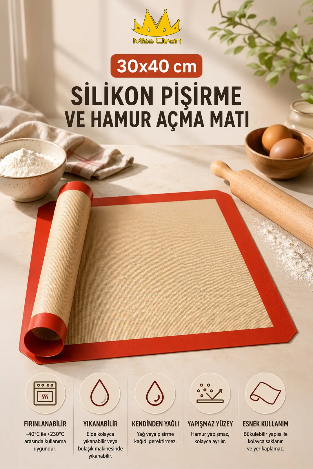 30x40 cm Fırınlanabilir ve Yıkanabilir Kendinden Yağlı Silikon Pişirme Matı