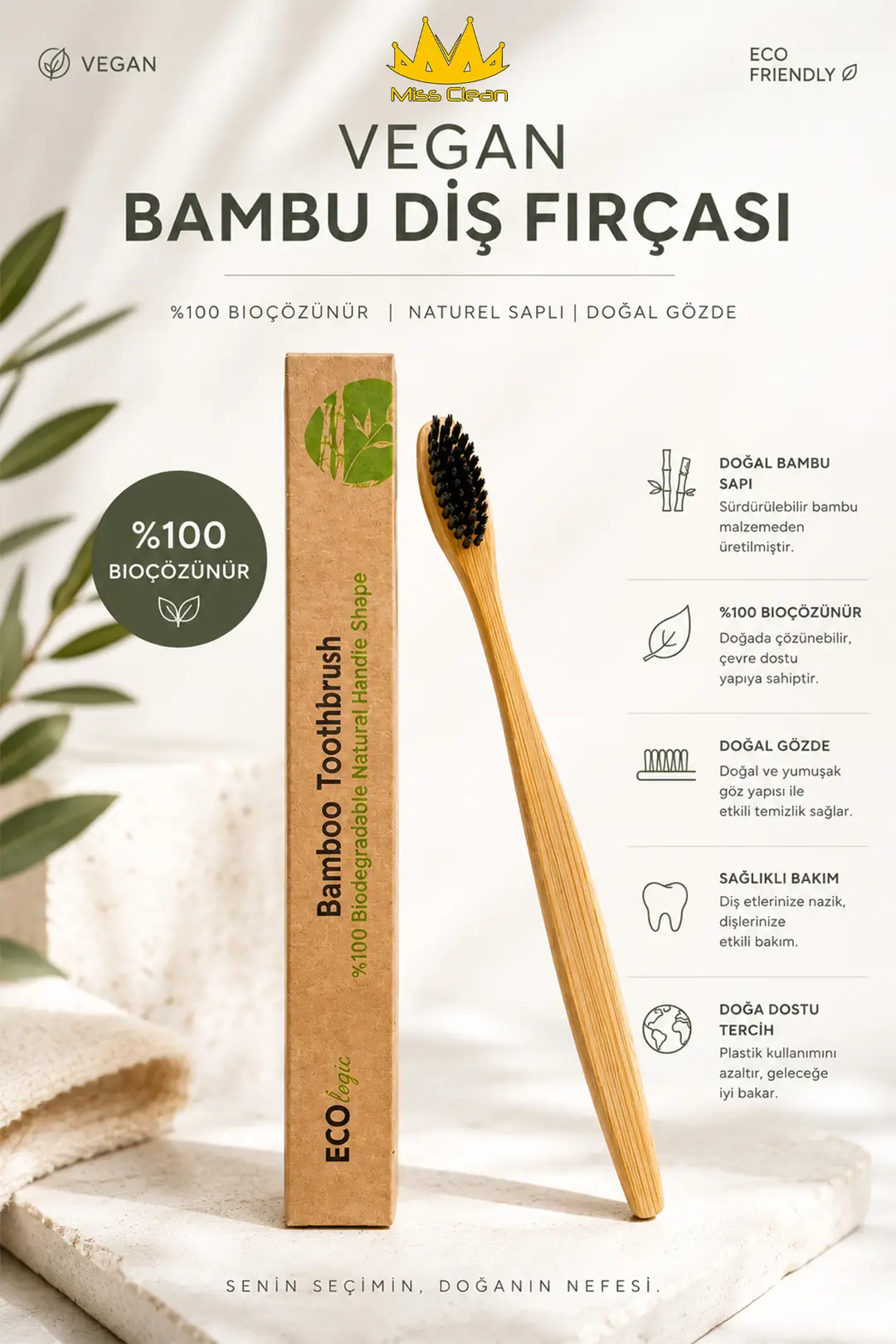 2 Adet %100 Biyoçözünür Vegan Bambu Diş Fırçası - Doğal Saplı