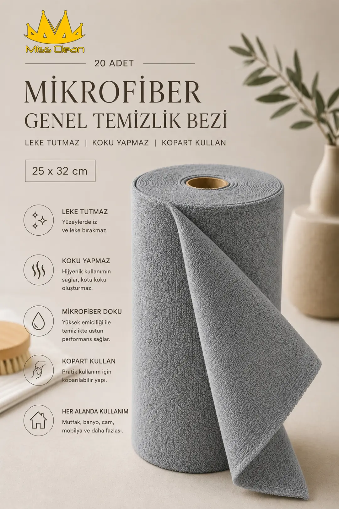 20 Adet Grİ Mikrofiber Genel Temizlik Bezi - Leke Tutmaz, Koku Yapmaz (25x32 cm)