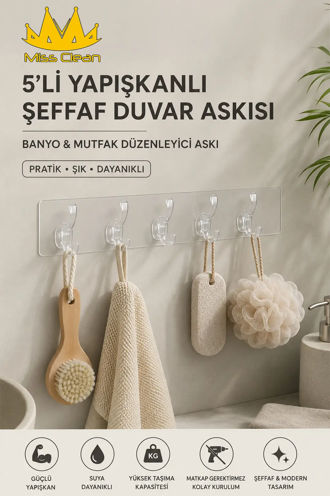 Şeffaf Duvar Askısı - 5'li Yapışkanlı Kanca Seti, Mutfak ve Banyo Düzenleyici
