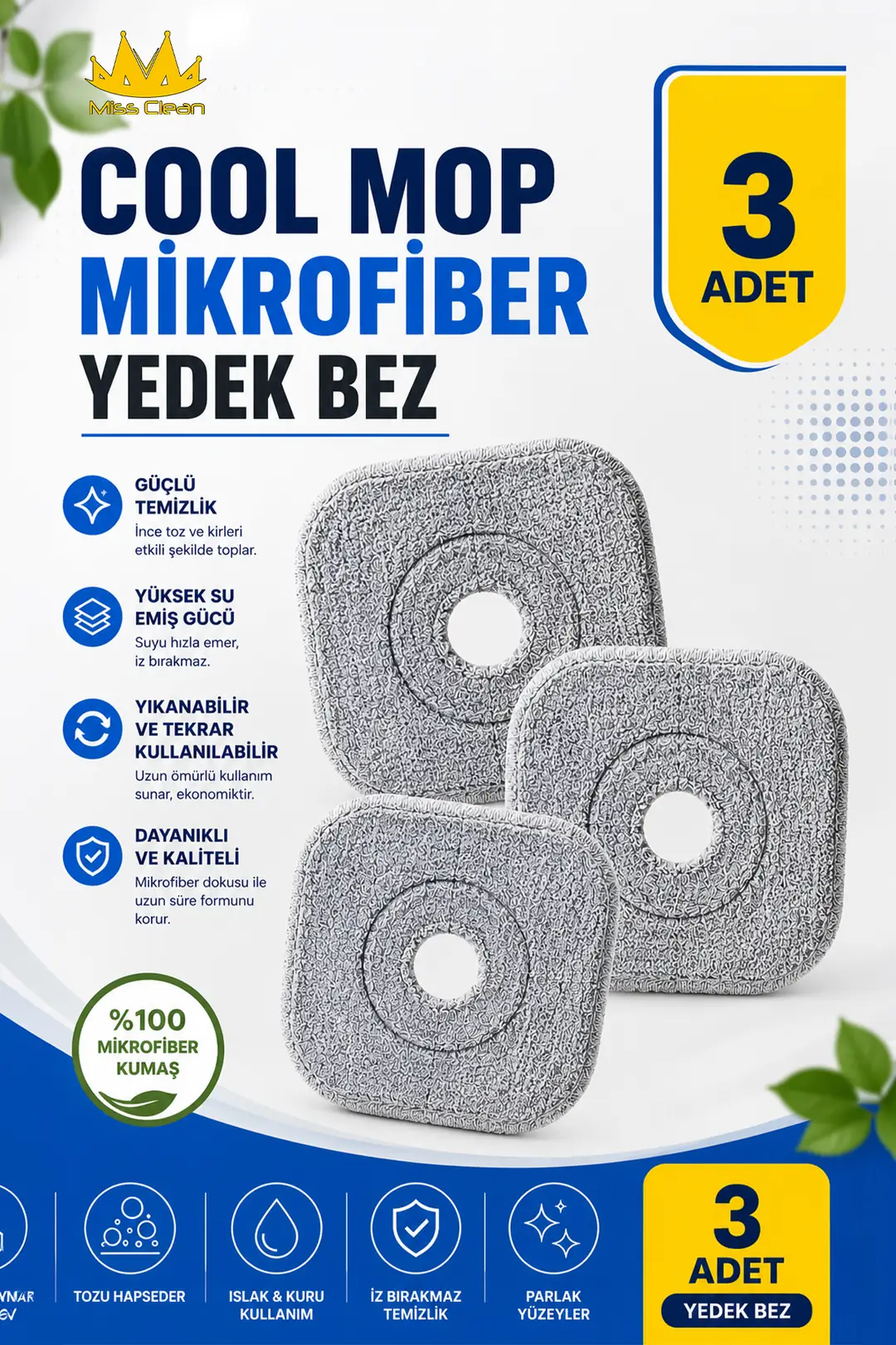 3'lü Mikrofiber Yedek Bez - Cool Mop