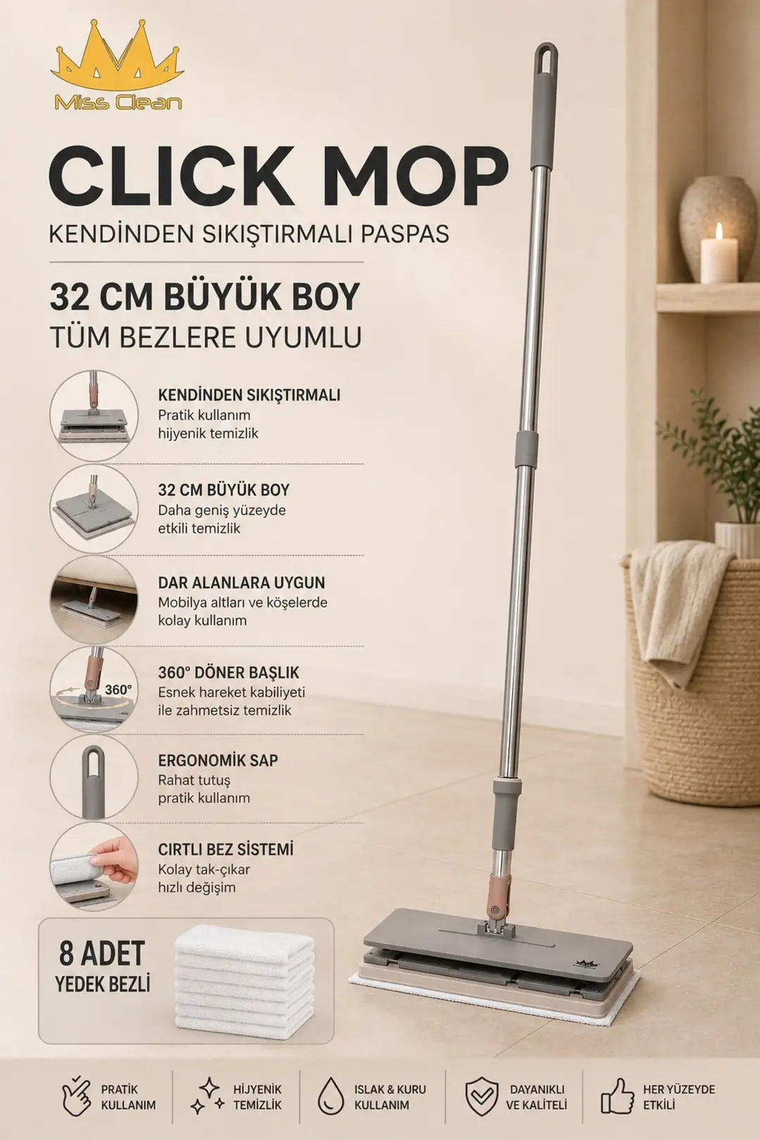 Tüm Bezlere Uyumlu Kendinden Sıkıştırmalı Mop - 4xl Islak Mendil Uyumu