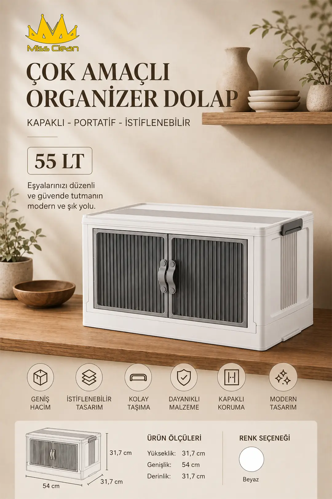 Portatif ve Şık Çok Amaçlı Kapaklı İstiflenebilir Organizer Dolap