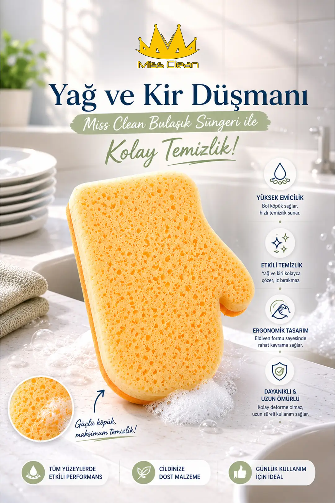 Miss Clean Bulaşık Süngeri - Etkili Yağ ve Kir Temizliği için İdeal Çözüm