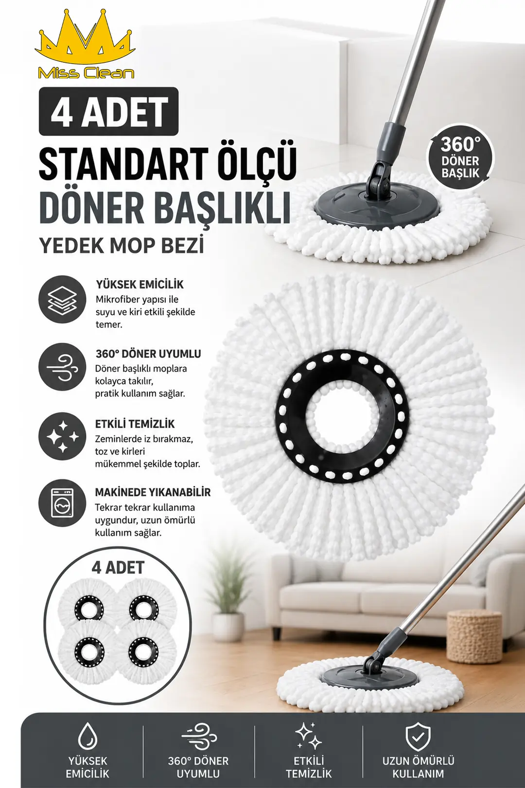 4 Adet Standart Ölçü Yedek Mop Bezi - Döner Başlıklı