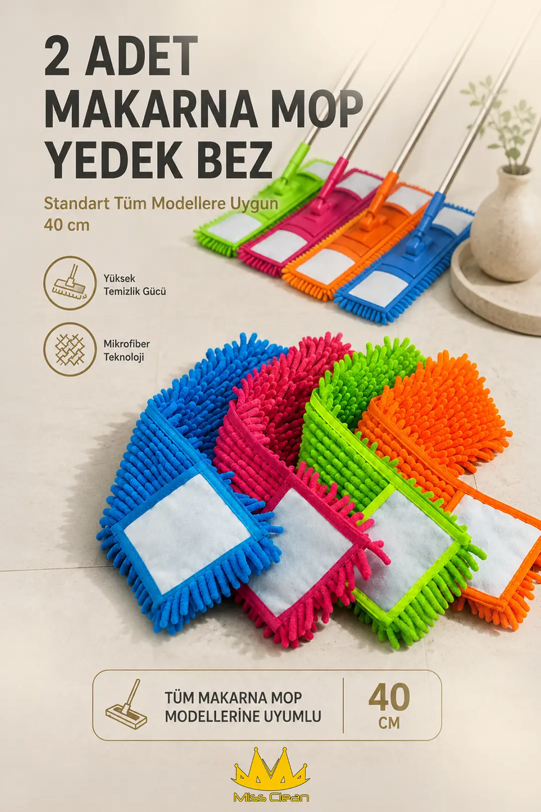 Makarna Mop Yedek Bez - 2 Adet, 40 cm, Tüm Modellerle Uyumlu