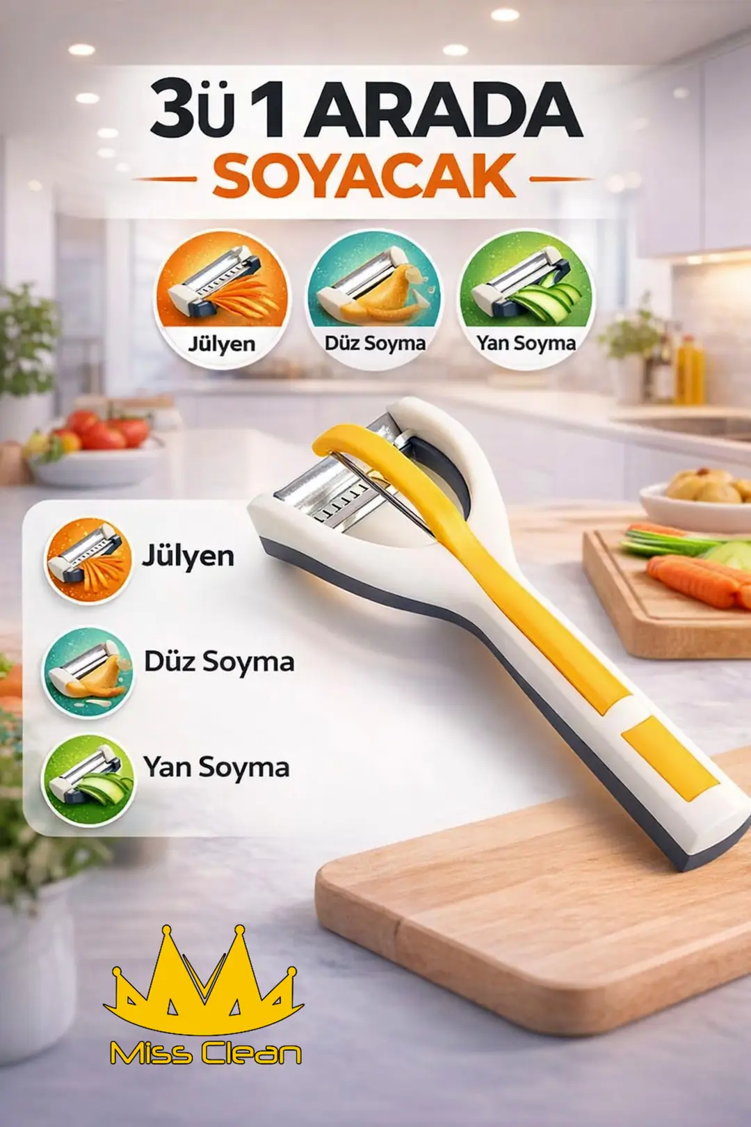 3'ü 1 Arada Çok Fonksiyonlu Mutfak Soyacağı - Jülyen, Düz ve Yan Bıçak