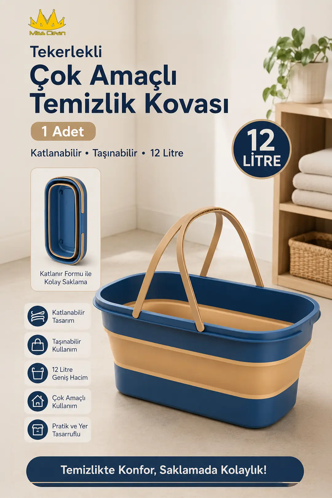 Katlanabilir Tekerlekli Çok Amaçlı Temizlik Kovası - 12 Litre