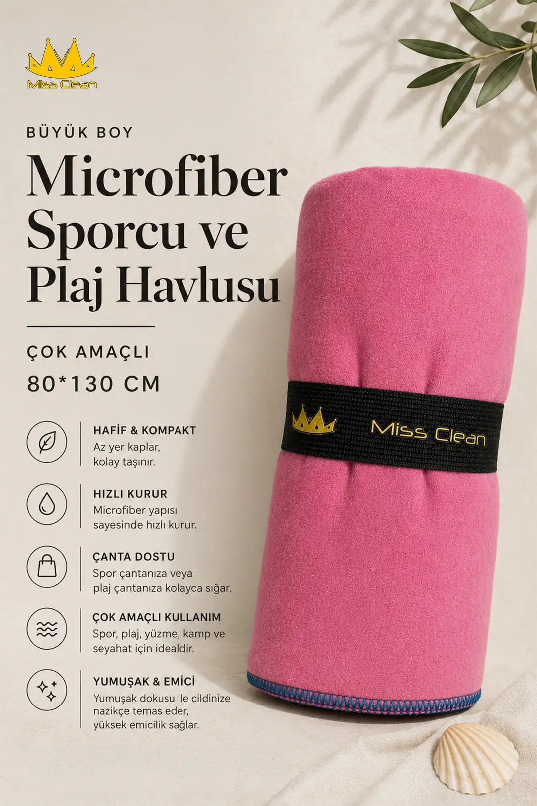 Büyük Boy Pembe Microfiber Spor ve Plaj Havlusu - Çok Amaçlı 80x130 cm