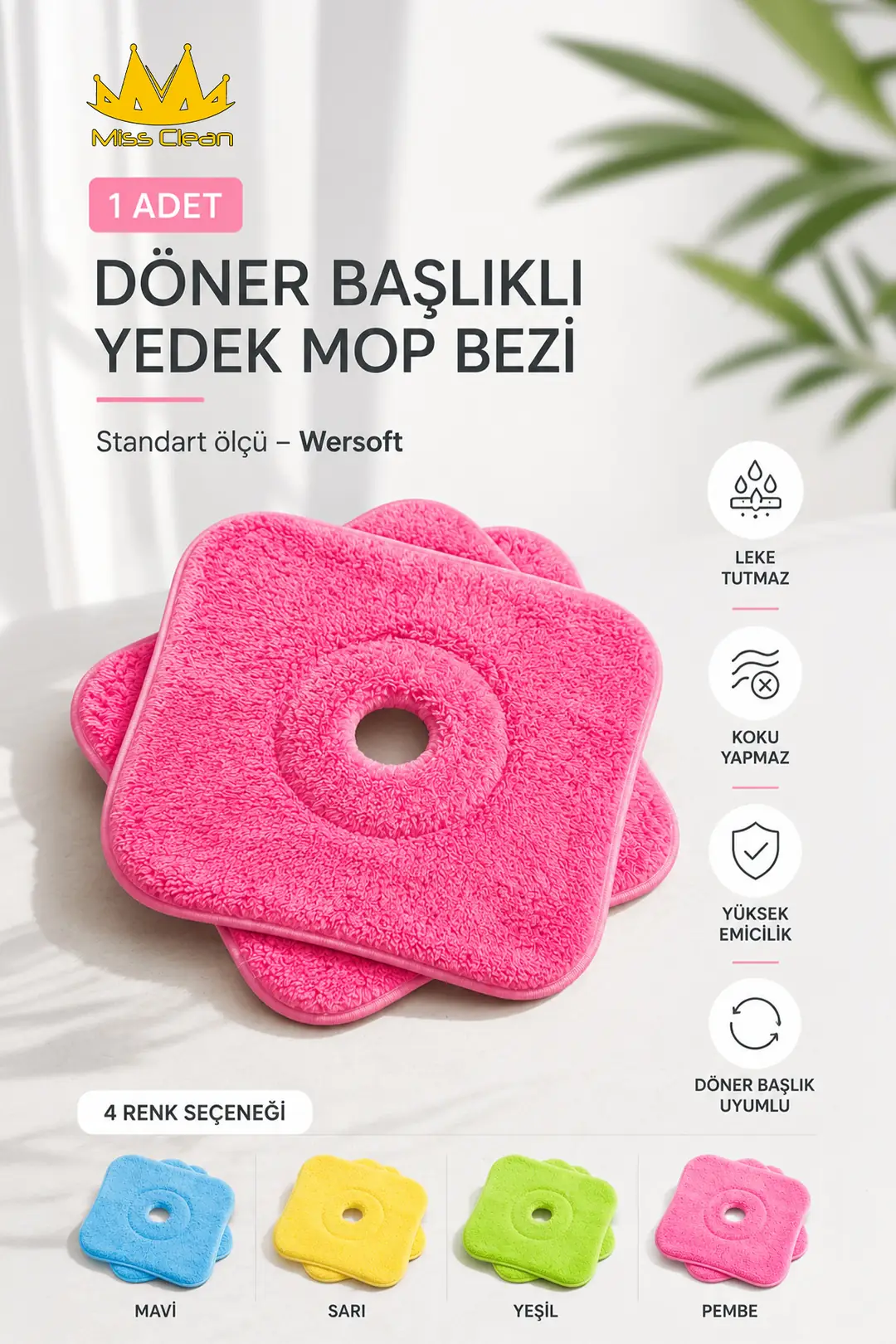 Wersoft Standart Ölçü Döner Başlıklı Yedek Mop Bezi - Leke Tutmaz, Koku Yapmaz