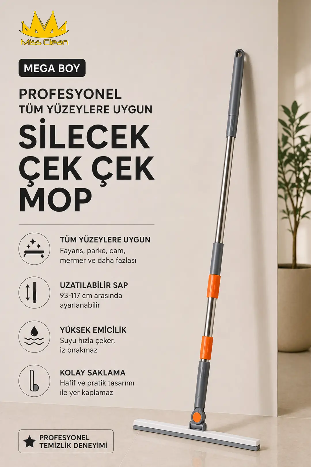 Mega Boy Profesyonel Tüz Yüzeyler için Silecek Mop