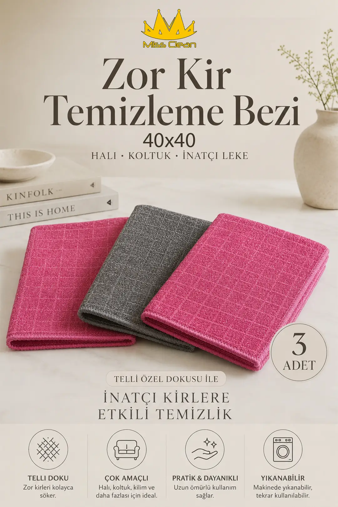 3 Adet Zor Kir Temizleme Bezi - Halı ve Koltuklar için İnatçı Leke Çıkarıcı 40x40 cm