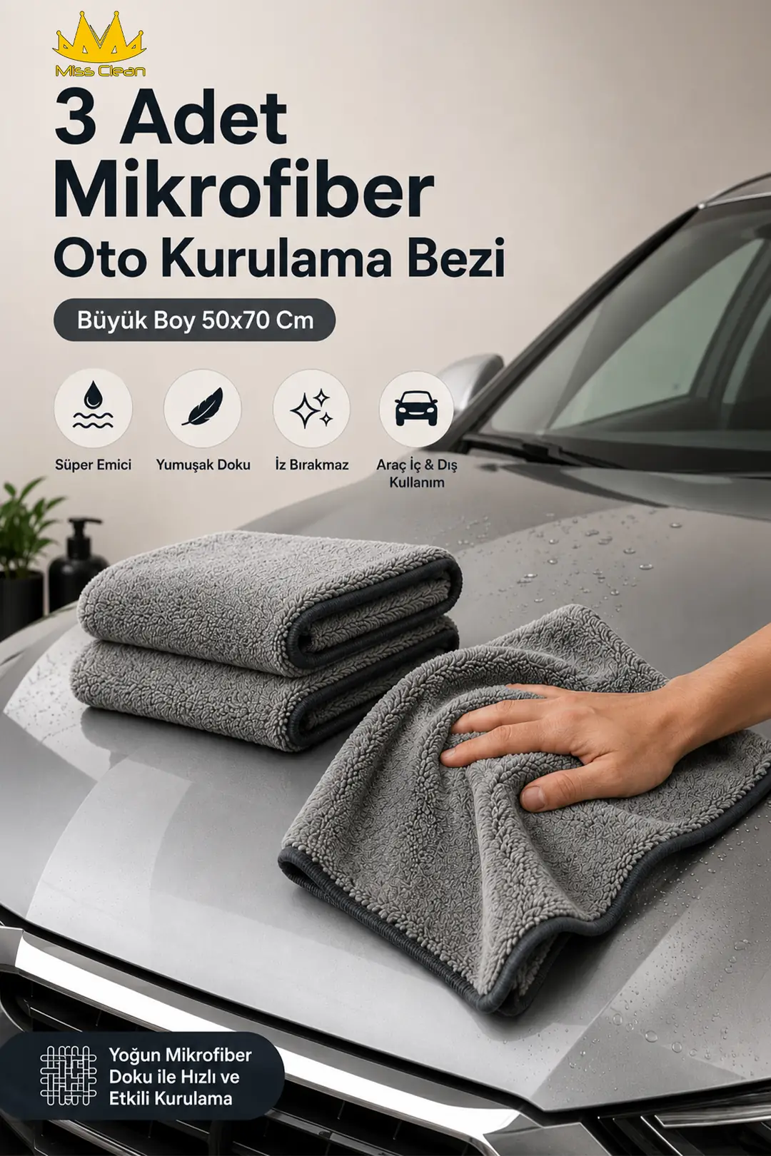 Mikrofiber Büyük Oto Kurulama Bezi - 3 Adet (50x70 cm)