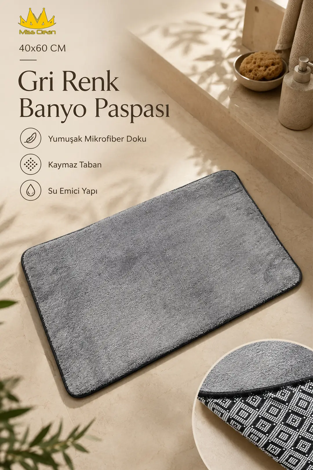 40x60 cm Gri Kaymaz Tabanlı Su Emici Banyo Paspası