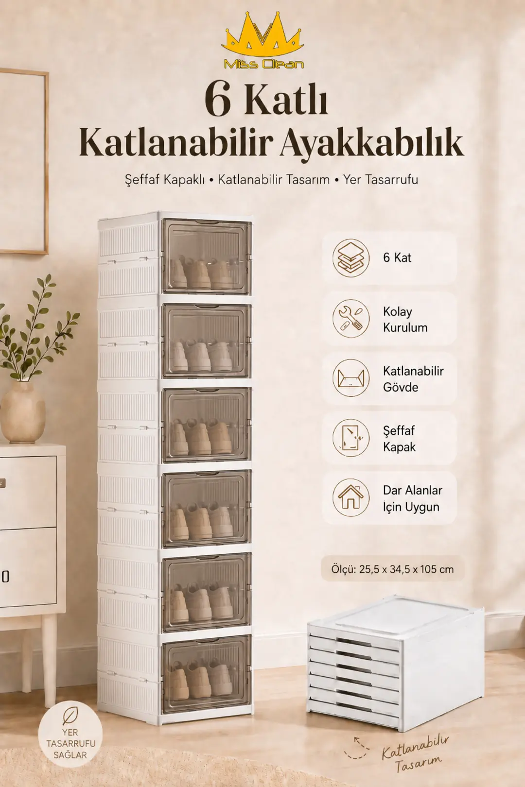 6 Katlı Katlanabilir Ayakkabılık - Taşınabilir Çok Amaçlı Dolap ve Raf