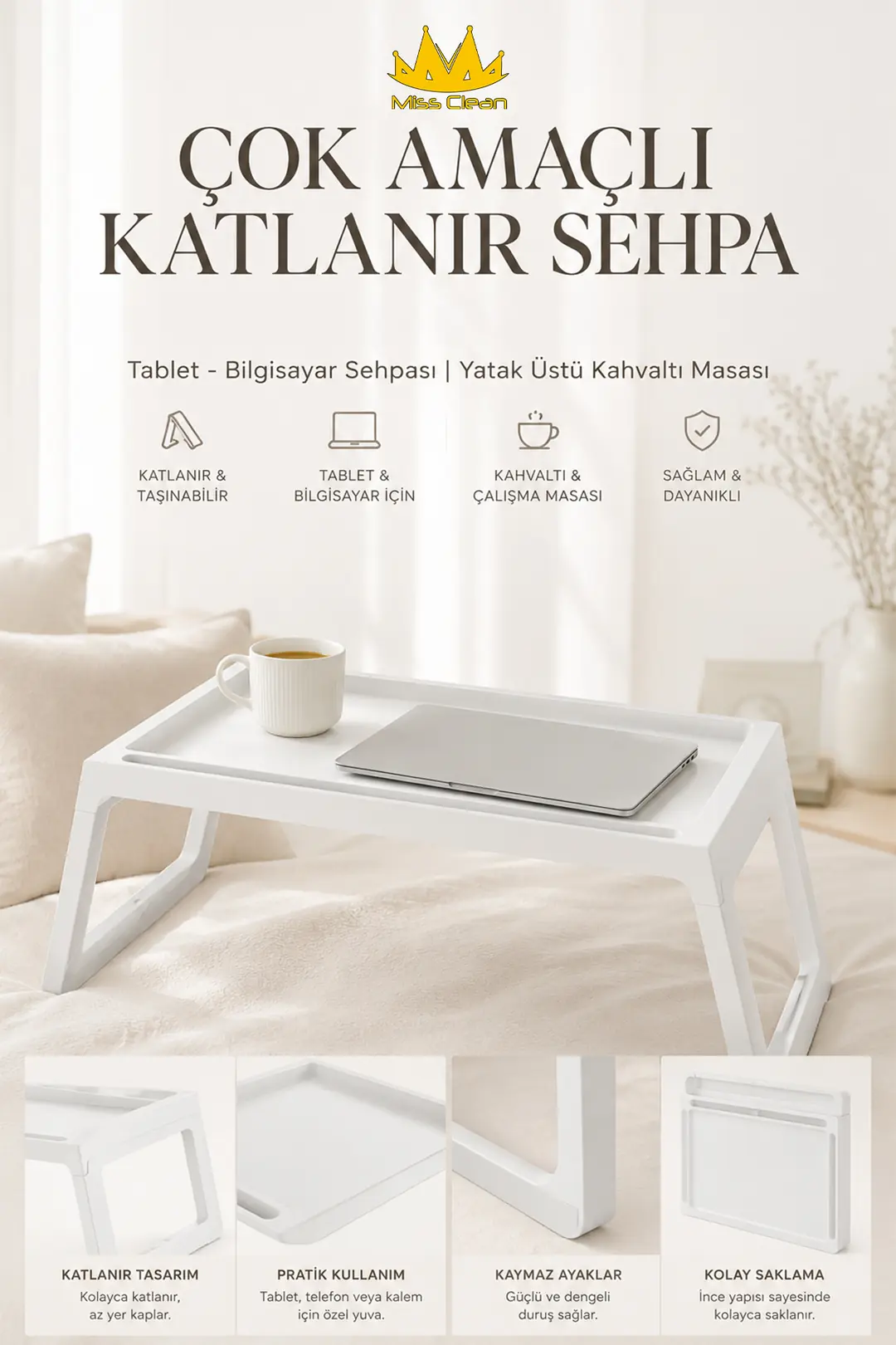 Çok Amaçlı Katlanır Antrasit Sehpa - Yatak Üstü Tablet ve Bilgisayar İçin Kahvaltı Masası
