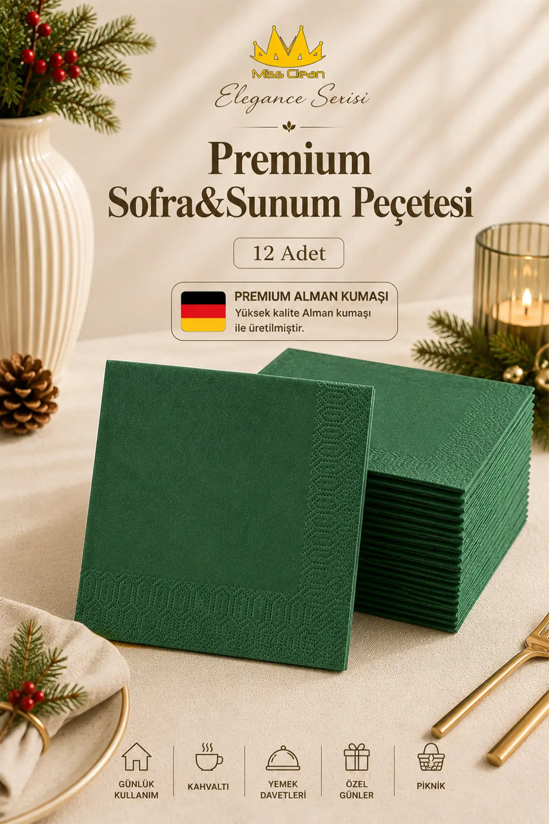 12'li Elegance Serisi Premium Sofra & Sunum Peçetesi - 40x40 cm - Yeşil