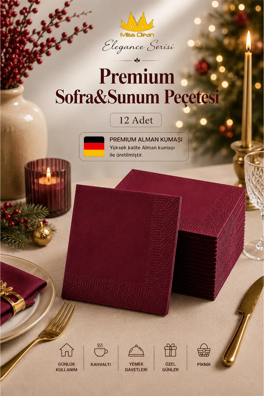 Elegance Serisi Premium Bordo Sofra ve Sunum Peçetesi - 40x40 cm (12 Adet)