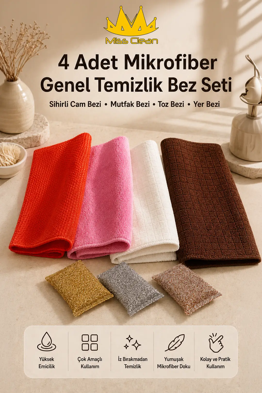 Mikrofiber Temizlik Bezleri Seti - 4'lü Sihirli Cam, Mutfak, Toz ve Yer Bezi