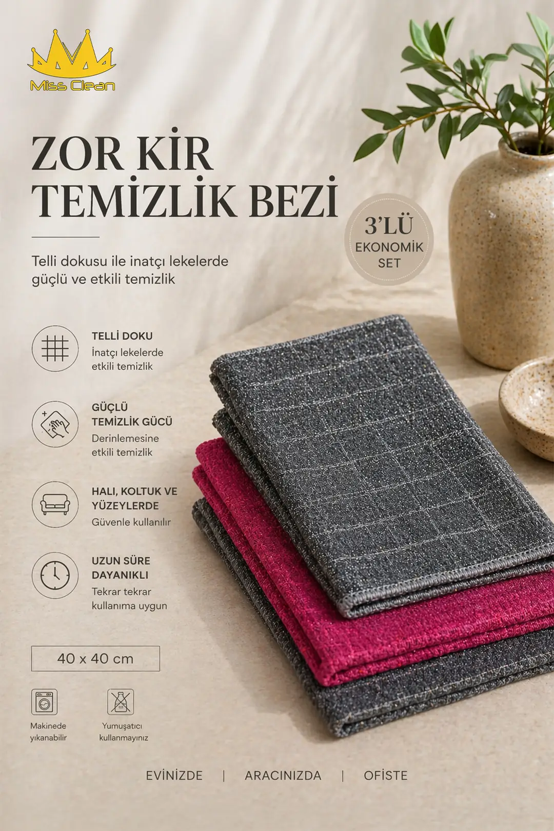 Zor Kir Temizleme Bezi - 3 Adet, Halı ve Koltuklar için İnatçı Lekelere Karşı 40x40 cm