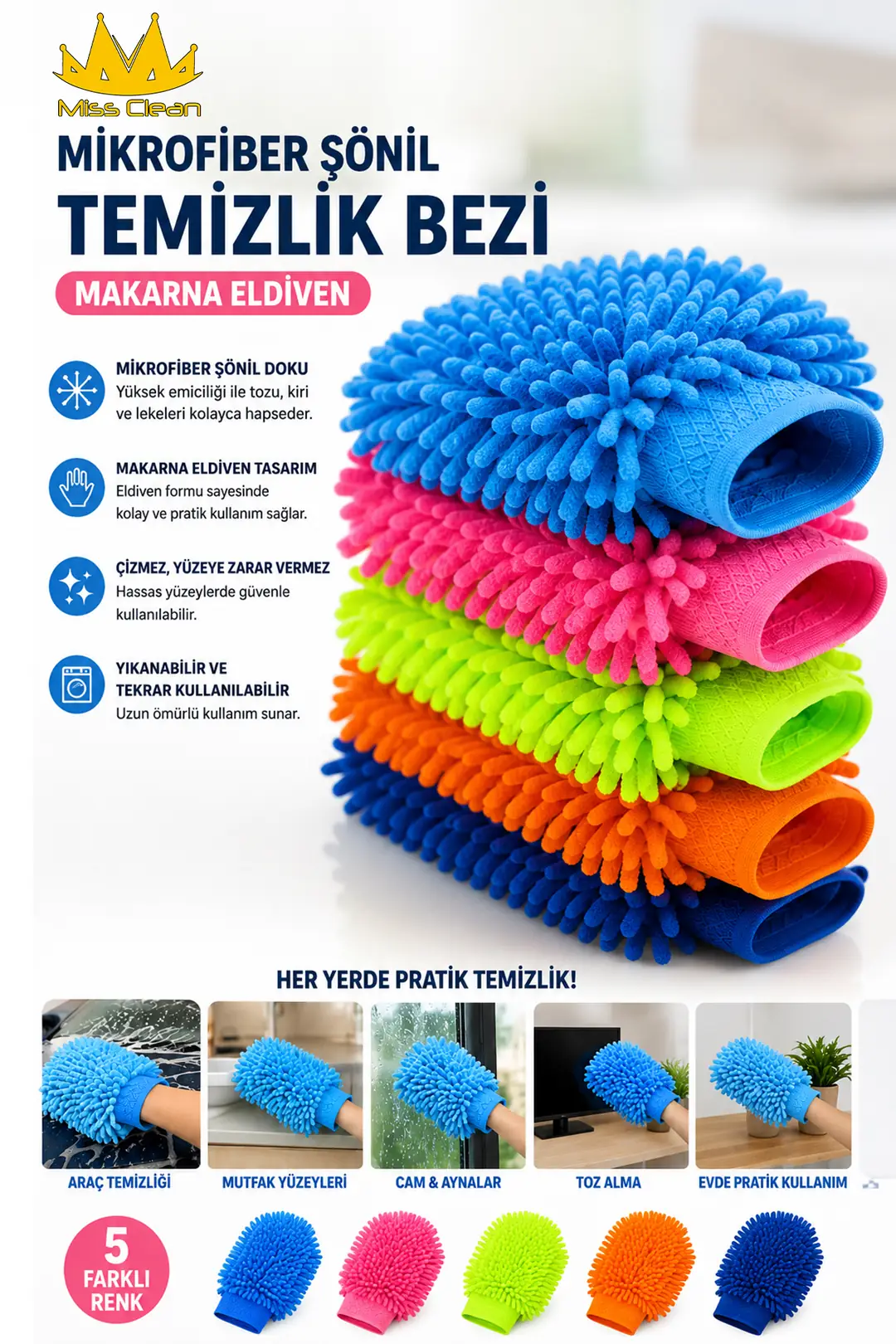 Mikrofiber Şönil Temizlik Bezi - Makarna Eldiveni